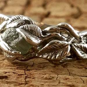 Sterling Silver Green Sapphire Leaf and Twig Wedding Band, Tree Branch Ring, Leaf Ring, Twig Ring, Twig and Leaf Ring, Branch Band by Dawn