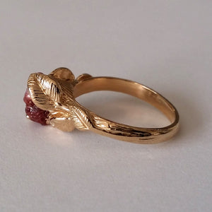 Leaves Engagement Ring - 14K Yellow Gold and Raw Ruby Engagement Ring, Rough Uncut Ruby, 14k Cocktail or Statement Ring by Dawn