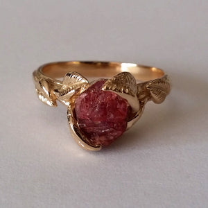 Leaves Engagement Ring - 14K Yellow Gold and Raw Ruby Engagement Ring, Rough Uncut Ruby, 14k Cocktail or Statement Ring by Dawn