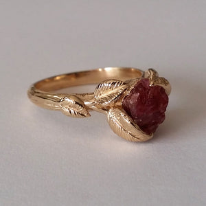 Leaves Engagement Ring - 14K Yellow Gold and Raw Ruby Engagement Ring, Rough Uncut Ruby, 14k Cocktail or Statement Ring by Dawn