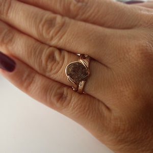 Twig Engagement Ring, 14kRose Gold Diamond Slice with Leaves, a Twig band with scattered diamonds hand sculpted bridal set by Dawn Vertrees.