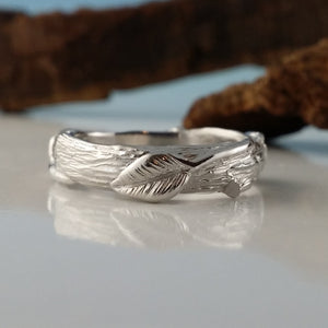 Twig Wedding Band with Leaves in Silver, Gold or Platinum, Hand Sculpted by Dawn Vertrees