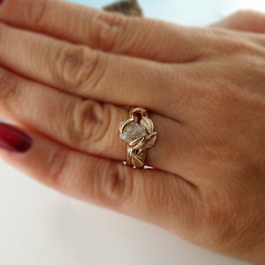 Leaf Bridal Set in 14K Gold, Raw Uncut Rough Diamond Engagement Ring, by Dawn Vertrees