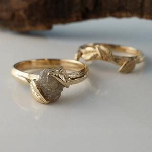 Leaf Bridal Set in 14K Gold, Raw Uncut Rough Diamond Engagement Ring, by Dawn Vertrees