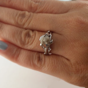 18k Twig Engagement Ring, Raw Uncut Diamond Branch Bridal Set, 18k White Gold, Hand Sculpted by Dawn Vertrees