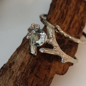 Twig Engagement Ring Set, Faceted Gemstone Branch Bridal ring, Custom Made-to-Order, Gold, Twig Wedding ring Set Hand Sculpted
