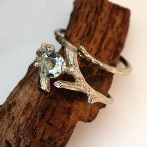 Twig Engagement Ring Set, Faceted Gemstone Branch Bridal ring, Custom Made-to-Order, Gold, Twig Wedding ring Set Hand Sculpted