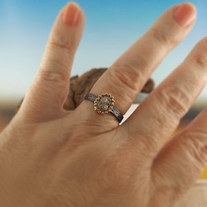 Gun Metal Sterling Silver Textured Band with a Rough Diamond set in 14k Gold, One of a kind Hand Sculpted by Dawn Vertrees