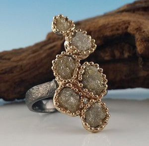Rustic Rough Diamond Ring, 14k Gold, Gun Metal Sterling Silver Textured Band, One-of-a-kind Multi Rough Diamond Ring by Dawn Vertrees