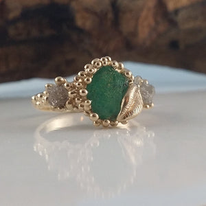 Leaf and Pebble Engagement Ring, Hand Sculpted, Three Raw Stone, Rough Diamond Emerald Engagement, Uncut Birthstone Stacking Ring