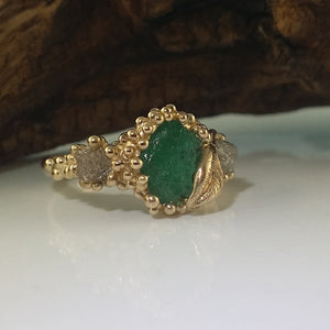 Leaf and Pebble Engagement Ring, Hand Sculpted, Three Raw Stone, Rough Diamond Emerald Engagement, Uncut Birthstone Stacking Ring
