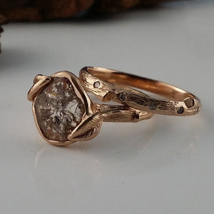 Twig Engagement Ring, 14kRose Gold Diamond Slice with Leaves, a Twig band with scattered diamonds hand sculpted bridal set by Dawn Vertrees.