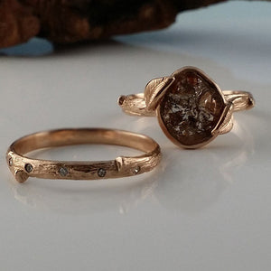 Twig Engagement Ring, 14kRose Gold Diamond Slice with Leaves, a Twig band with scattered diamonds hand sculpted bridal set by Dawn Vertrees.