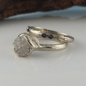 Leaf Engagement Ring - Rough Diamond Bridal Set, Unique Engagement Ring, Rough White Silvery Diamond Ring, Gemstone Band by Dawn Vertrees