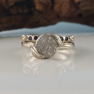 Leaf Engagement Ring - Rough Diamond Bridal Set, Unique Engagement Ring, Rough White Silvery Diamond Ring, Gemstone Band by Dawn Vertrees