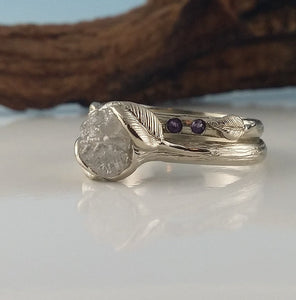 Leaf Engagement Ring - Rough Diamond Bridal Set, Unique Engagement Ring, Rough White Silvery Diamond Ring, Gemstone Band by Dawn Vertrees