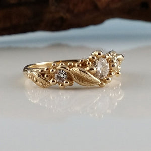 ON HOLD , do not purchase - New Moissanite Leaf Design by Dawn Vertrees, Hand Sculpted with 3 Moissanite Diamonds Engagement Ring in Gold