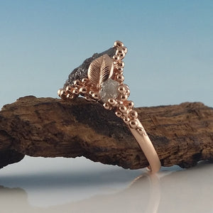 Leaf and Pebble Raw Diamond Collection by Dawn Vertrees, One-of-a-Kind Hand Sculpted with Three Rough Diamonds in Gold Rose Gold