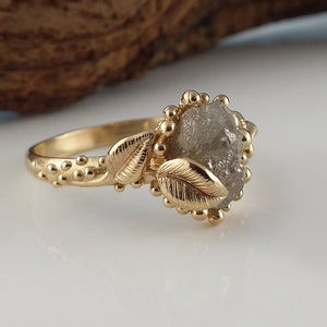 One-of-a-Kind Hand Sculpted with Three Rough Diamonds in Yellow Gold, New Leaf and Pebble Rough Diamond Collection by Dawn Vertrees