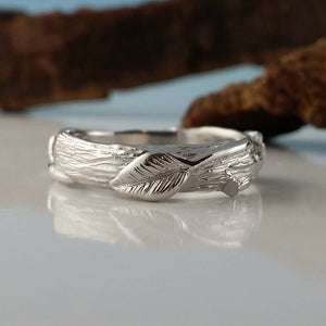 Twig Wedding Band with Leaves in Silver, Gold or Platinum, Hand Sculpted by Dawn Vertrees