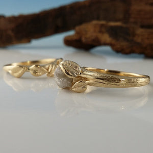 Leaf Bridal Set in 14K Gold, Raw Uncut Rough Diamond Engagement Ring, by Dawn Vertrees
