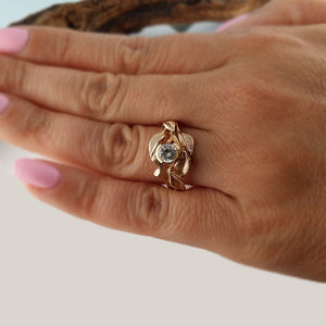 Interlocking Moissanite Leaf and Twig Wedding Set, Leaf Bridal, Engagement or Anniversary Ring, 14k Gold by Dawn Vertrees