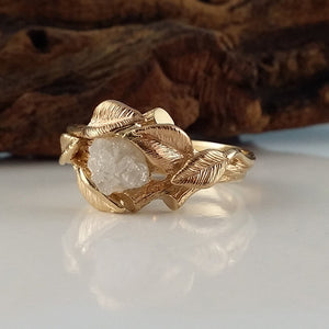 Interlocking Rough Diamond, Nature Inspired Leaf and Twig Bridal Set, Leaf Wedding, Engagement or Anniversary Ring, 14k Yellow Gold by Dawn