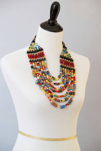 Trade beads, African beads ,African tribal beads, Glass beads and Genuine leather Multi-strand Statement  Necklace