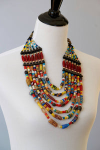 Trade beads, African beads ,African tribal beads, Glass beads and Genuine leather Multi-strand Statement  Necklace