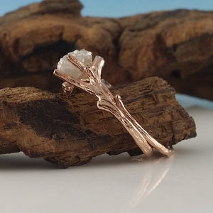 Rose Gold Twig Bridal Set with Raw Uncut White Diamond, Made-to-Order, Diamond Wedding Ring Set Hand Sculpted by Dawn Vertrees Jewelry