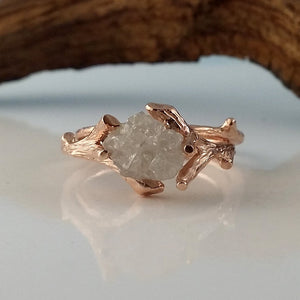Rose Gold Twig Bridal Set with Raw Uncut White Diamond, Made-to-Order, Diamond Wedding Ring Set Hand Sculpted by Dawn Vertrees Jewelry