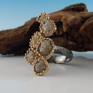 Rustic Rough Diamond Ring, 14k Gold, Gun Metal Sterling Silver Textured Band, One-of-a-kind Multi Rough Diamond Ring by Dawn Vertrees
