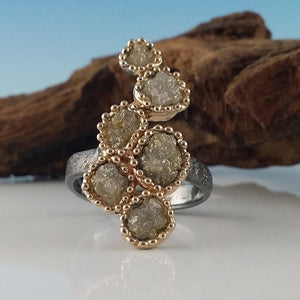 Rustic Rough Diamond Ring, 14k Gold, Gun Metal Sterling Silver Textured Band, One-of-a-kind Multi Rough Diamond Ring by Dawn Vertrees