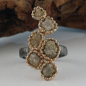Rustic Rough Diamond Ring, 14k Gold, Gun Metal Sterling Silver Textured Band, One-of-a-kind Multi Rough Diamond Ring by Dawn Vertrees