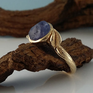 Blue Sapphire Engagement Ring, Yellow Gold Sapphire Engagement Ring, One-of-a-kind Leaf & Twig Engagement Ring hand sculpted by Dawn