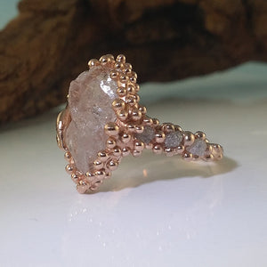 Leaf and Pebble Collection, Raw Rough Morganite One-of-a-Kind Hand Sculpted with Three Rough Diamonds in Gold