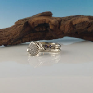 Leaf Engagement Ring - Rough Diamond Bridal Set, Unique Engagement Ring, Rough White Silvery Diamond Ring, Gemstone Band by Dawn Vertrees