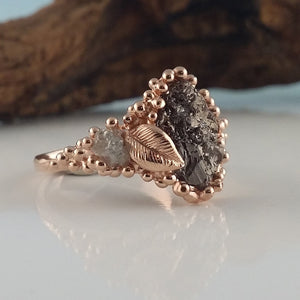 Leaf and Pebble Raw Diamond Collection by Dawn Vertrees, One-of-a-Kind Hand Sculpted with Three Rough Diamonds in Gold Rose Gold