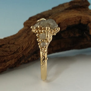 One-of-a-Kind Hand Sculpted with Three Rough Diamonds in Yellow Gold, New Leaf and Pebble Rough Diamond Collection by Dawn Vertrees