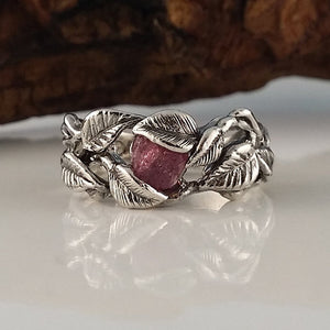 Sterling Silver Green Sapphire Leaf and Twig Wedding Band, Tree Branch Ring, Leaf Ring, Twig Ring, Twig and Leaf Ring, Branch Band by Dawn