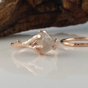 Raw Uncut Twig Diamond Engagement Ring Set, Diamond Wedding Ring, 14k Rose Gold (shown) Rings, Bridal Ring Set by Dawn Vertrees