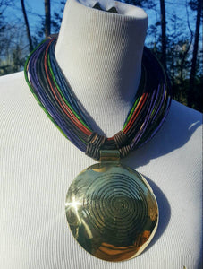 Genuine leather with Bronze pendant Multi-strand Statement necklace - multicolor