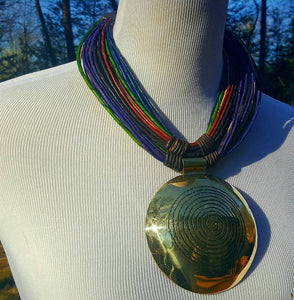 Genuine leather with Bronze pendant Multi-strand Statement necklace - multicolor