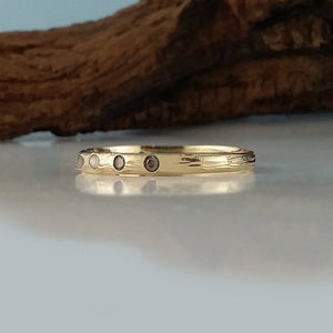 14k Yellow Gold Stackable Diamond Twig Wedding Band, 8 Diamonds Wedding Band hand sculpted by Dawn Vertrees