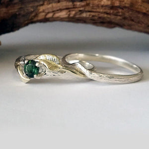 Made to Order 14k Leaf & Twig Sapphire Wedding Set, Leaf and Twig Diamond Bridal Set, Round Diamond, Hand Sculpted by Dawn Vertrees