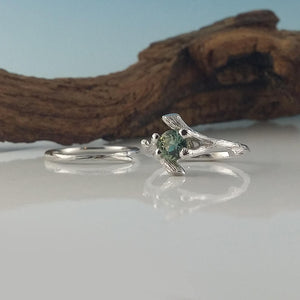 Twig Bridal Set with polished Montana Sapphire Gemstone, Made-to-Order, Gold, Wedding Bridal Set Hand Sculpted by Dawn Vertrees