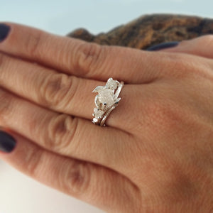 White Gold Raw Three Diamond Engagement Ring Set, Raw Diamond Branch Bridal Set, Custom Made-to-Order, Hand Sculpted Twig Wedding Band Set