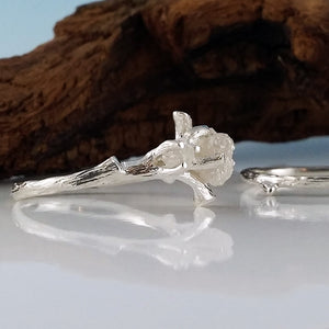 White Gold Raw Three Diamond Engagement Ring Set, Raw Diamond Branch Bridal Set, Custom Made-to-Order, Hand Sculpted Twig Wedding Band Set