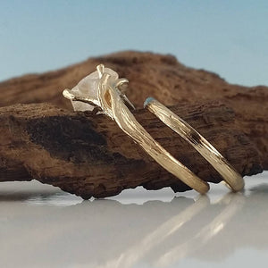 His and Hers Matching Twig Wedding Set in 14k Gold, Twig Wedding Band & Rough White Sapphire Engagement Ring by Dawn Vertrees