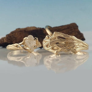 His and Hers Matching Twig Wedding Set in 14k Gold, Twig Wedding Band & Rough White Sapphire Engagement Ring by Dawn Vertrees